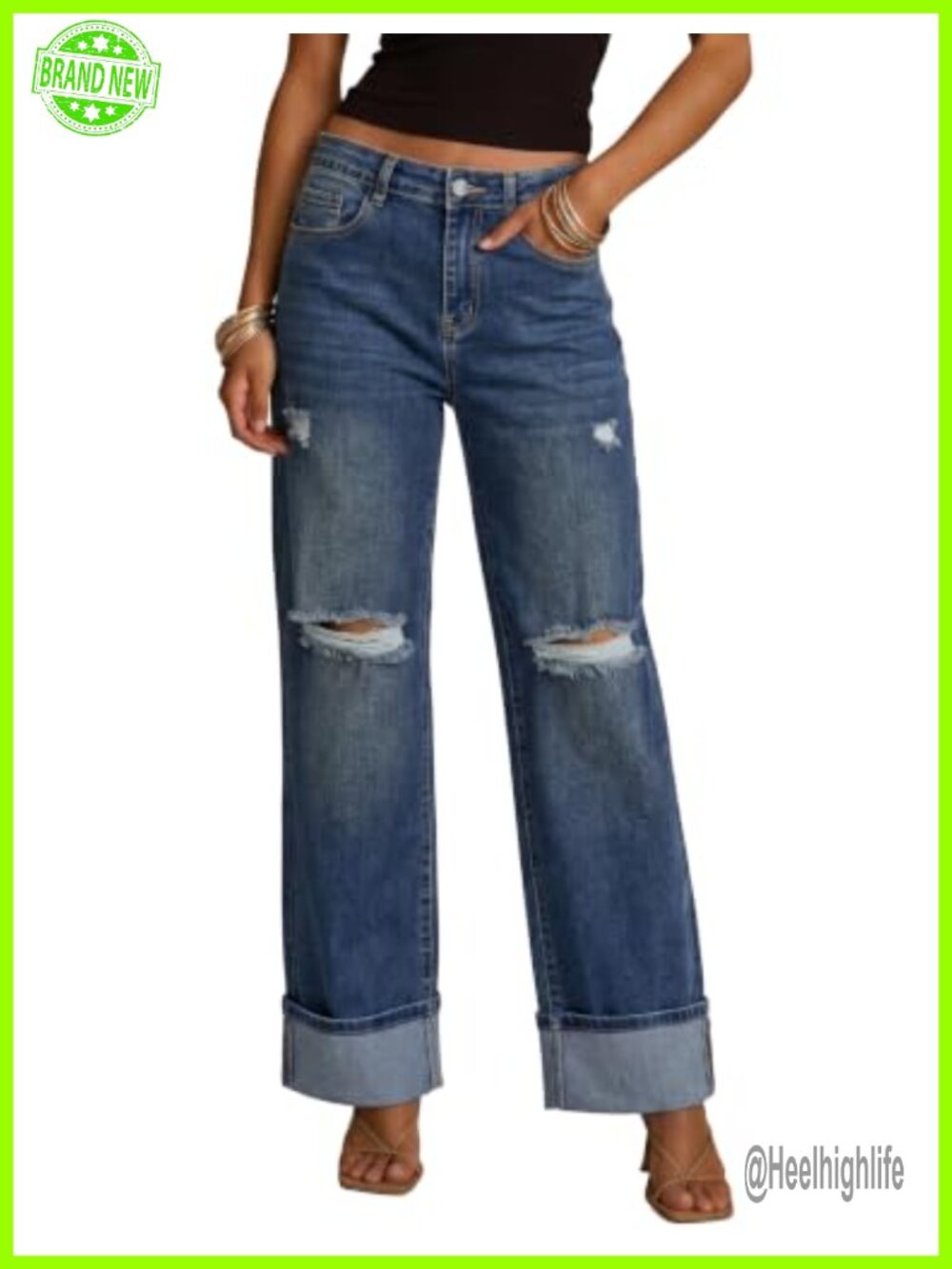 Wide Leg Jeans High Waisted Stretchy Ripped Denim Pants Cuffed Roll Hem 29